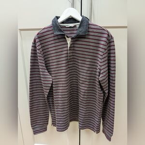 New Men's Designer Grey And Burgundy Stripe Classic Rugby Polo-M